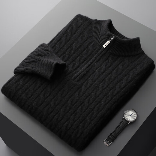 Ordos pure cashmere cashmere sweater men's half turtleneck zipper jacquard seven-needle double-ply thickened sweater produced in Ordos - black M Collection and purchase will receive a clothes basket
