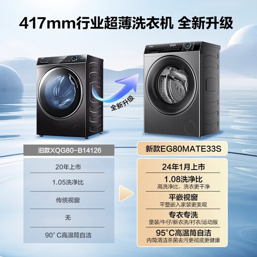 Haier drum washing machine 8 kilograms [Jin equals 0.5 kg] frequency conversion fully automatic household ultra-thin washing machine 525 large drum diameter small apartment wool down washing mate33s National subsidy 14126 upgrade model 8kg single washing + 417mm ultra-thin + large barrel diameter + wool + mite removal washing