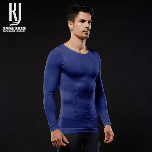 French KJ Men's Shapewear Autumn and Winter New Stretch Belly Slim Top Belly Corset Corset Waist Shaping Clothing Sports Fitness Long Sleeve Warm Bottoming Underwear Black + Blue (one piece each) L (recommended 120-160Jin Jin equals 0.5 kg)
