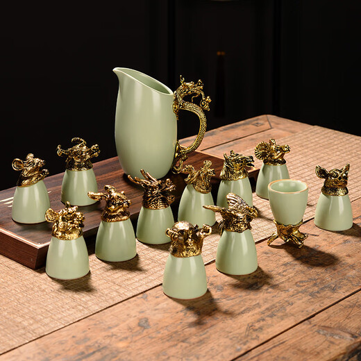 Cup Language (LANGUAGE OF CUP) Twelve Zodiac Ge Kiln Ru Kiln Ceramic Small Wine Glass Wine Set 12 Animal Head Liquor Spirit Cup Chinese Style Household Ge Kiln Complete Set with Fen Liquor (Including Gift Box)