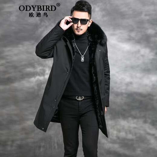 Oudi Bird brand new parka men's fur all-in-one mid-length down jacket mink coat mink fur lining men's fur coat black 46/M