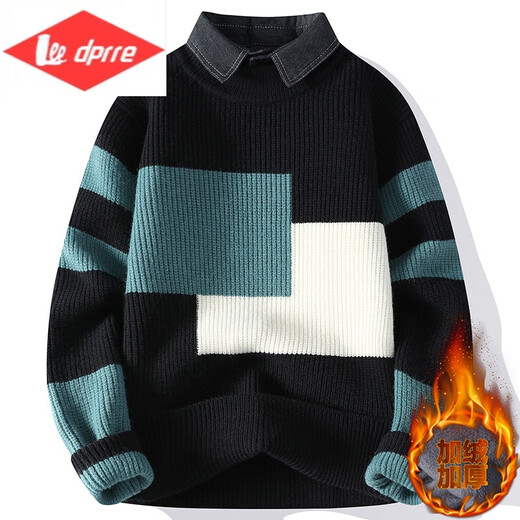 Lee dprre男士衬衫领毛衣秋冬季加绒加厚假两件毛线衣青年休闲打底针织衫男 M9923米白 M