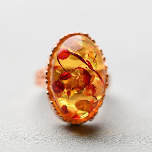 Chengyuanxiang CREORISETIN natural flower amber ring, raw stone, beeswax amber two-color ring, sterling silver inlay, live female best friend's birth year gift, flower amber ring