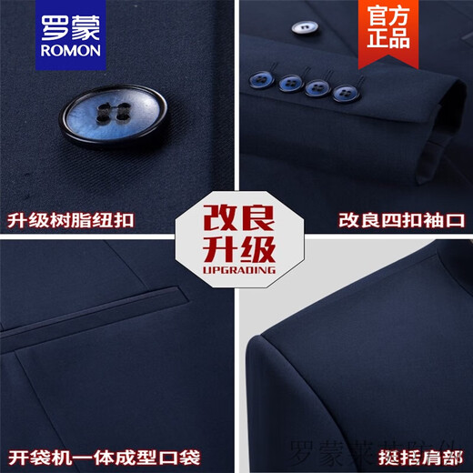 ROMON brand high-end Chinese tunic suit for young men, slim fit Chinese stand-up collar suit suit, Chinese style trendy groom, Chinese wedding new product, navy blue hidden button top and pants + gift bag 175B