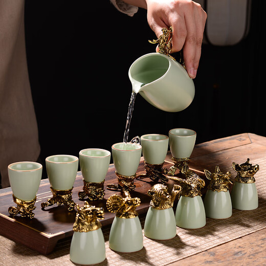 Cup Language (LANGUAGE OF CUP) Twelve Zodiac Ge Kiln Ru Kiln Ceramic Small Wine Glass Wine Set 12 Animal Head Liquor Spirit Cup Chinese Style Household Ge Kiln Complete Set with Fen Liquor (Including Gift Box)