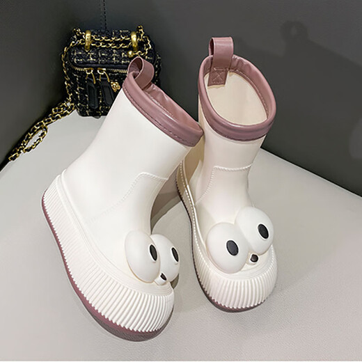 Zhenxiu girls' rain boots fashionable outside wear women's water shoes non-slip waterproof rain boots mid-tube water boots children's rain boots soft rubber shoe cover rain boots [white big eyes edge-removable insole] 40-41