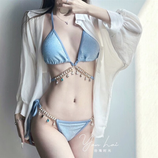 Beiyipin Korean ins bikini three-piece swimsuit woman fish diamond chain European and American pure lust style strap triangle bikini three light blue L