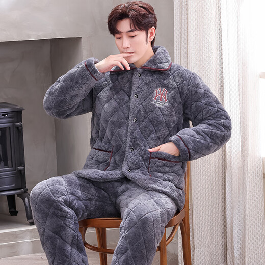 Xuanduoqi Pajamas Трехслойная утолщенная коралловая бархатная хлопчатобумажная фланельная фланель теплой домашней одежды осень и зимний стиль C9921# черные серого цвета [плуг] XL (125-145Jin [Jin равняется 0,5 кг]).