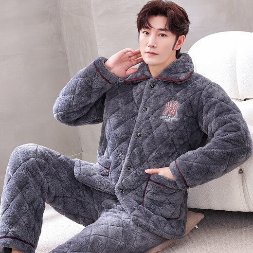 Xuanduoqi Pajamas Трехслойная утолщенная коралловая бархатная хлопчатобумажная фланельная фланель теплой домашней одежды осень и зимний стиль C9921# черные серого цвета [плуг] XL (125-145Jin [Jin равняется 0,5 кг]).
