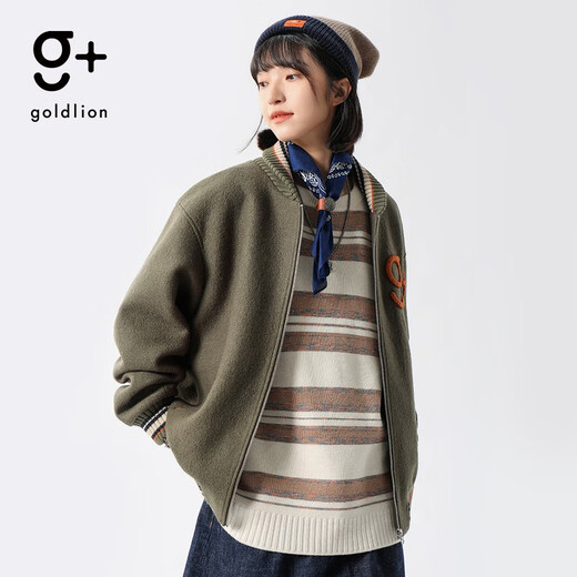 金利来（Goldlion）g+男士夹克秋冬季字母logo【纯羊毛】棒球领个性宽松潮流外套 卡其绿-64 M 170/88A 推荐120-130斤
