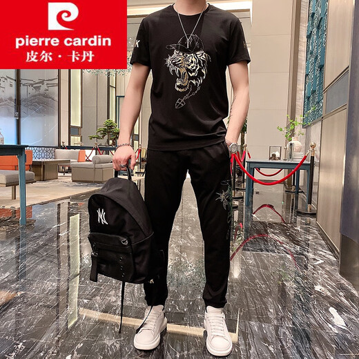 Pier Cardin ironing set T-shirt men's sportswear casual sports brand ice silk short sleeves handsome fashionable combination 5012 black set 2XL