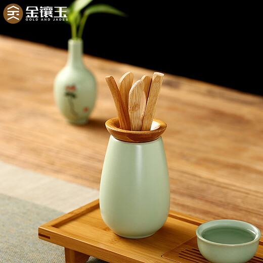 Gold inlaid jade tea set accessories tea ceremony six gentlemen ceramic solid wood tea needles tea shovel tea clips Ru kiln tea ceremony