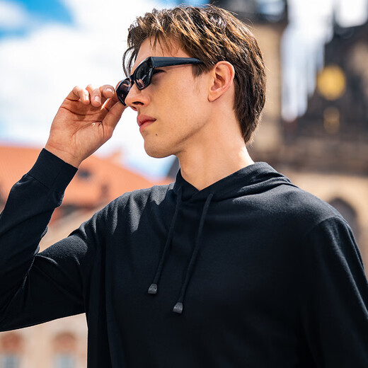 
Mr. Bu skin-friendly hooded cardigan 2025 autumn machine washable solid color wool t-shirt men's PT15568 piano black S (165)