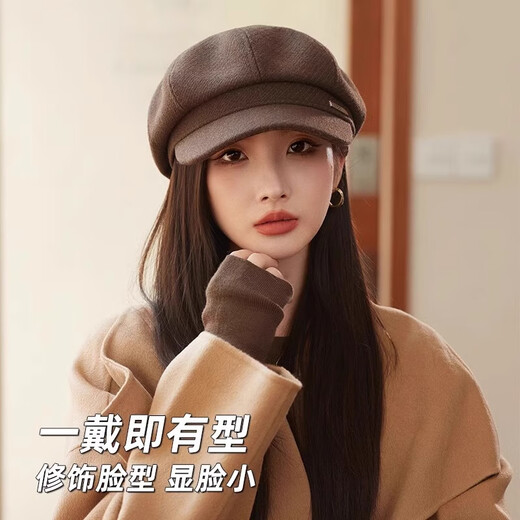 Shenggeer Hat Women's Spring and Autumn Korean Style Fashion Versatile Octagonal Beret Showing Face Small Retro Painter Hat British Peaked Cap Brown