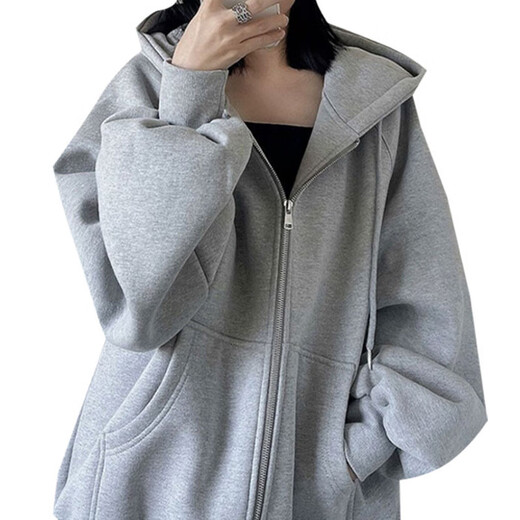 OYZ trendy gray hooded sweatshirt for women spring and autumn thin vintage zipper cardigan jacket new loose trendy ins gray M