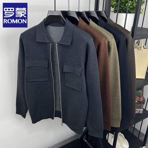 ROMON sweater cardigan wool sweater men's coat lapel autumn casual business contrast striped handsome jacket sweater dark gray XL