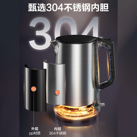 SUPOR electric kettle double-layer anti-scald kettle hot water kettle 1.7L large capacity all-steel seamless liner 304 stainless steel electric kettle SW-17J419