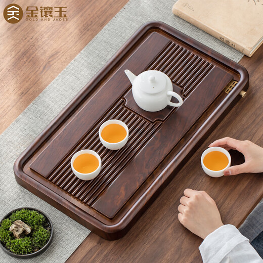 Gold inlaid jade solid wood bamboo tea tray tea tray dry soaking drainage simple household tea table large ancient charm 50*28cm