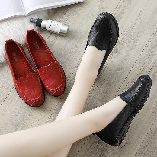 Han Xuefei (HANXUEFEIZI) Spring and Autumn Mom Shoes Single Shoes Leather Shoes Soft Sole Comfortable Middle-aged and Older Women's Shoes Work Shoes Red A829 Women's Single Shoes 38 (240mm) Fat feet wide foot shot one size