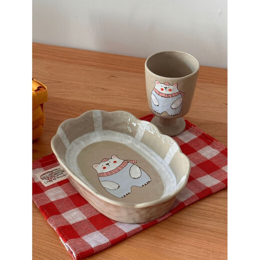 Dog bowl, cat bowl, ceramic cartoon, cute dog food bowl, rice bowl, snacks, water bowl, large capacity, anti-black chin, not easy to knock over, bear, cup not included, M size 21.5*15.5*5cm