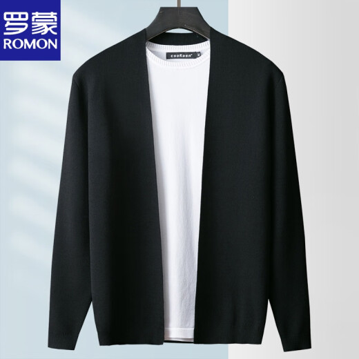 ROMON cardigan sweater men's ice silk knitted sweater jacket Korean version solid color business casual men's black sweater top slightly thicker -15042-black single jacket XL 140-150Jin [Jin equals 0.5 kg]