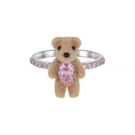 Youmu Paradise Series flocked mini bear ring, niche design, designer birthday gift for girlfriend, pink gemstone size 15# circumference 55mm