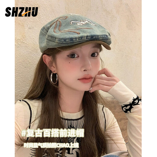 十竹牛仔前进帽女春夏做旧复古美式贝雷帽显脸小时尚洋气百搭画家帽 牛仔蓝蝴蝶结【挺括有型】