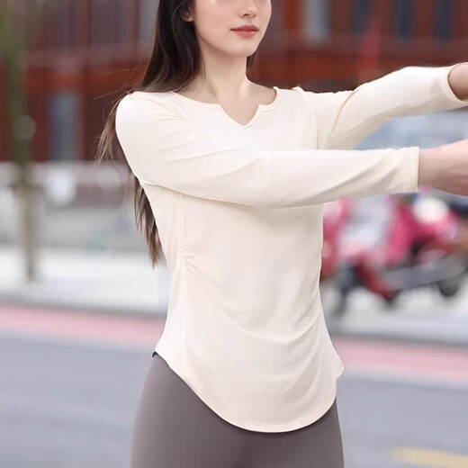 Shuangxiu fashionable and stylish yoga clothes for women 2025 new long-sleeved tops Internet celebrity popular running sports Pilates fitness clothes Milky apricot top L (110-120)
