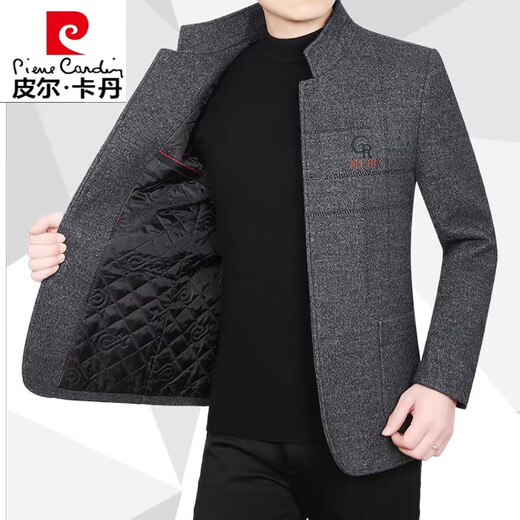 皮尔卡丹（pierre cardin）2024春秋新款中年男士高档羊毛呢夹克外套男立领休闲加厚中山装 浅咖色 180/XL(适合130-145斤)
