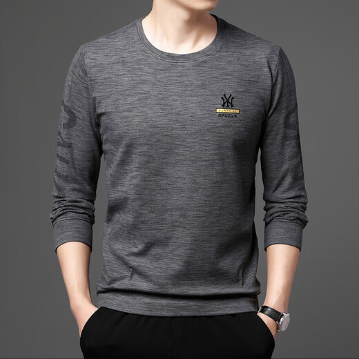 Nueva camiseta de manga larga para el cuello redondo suelto de hombres de hombres de terciopelo de doble cara Desarrollo de la base de la base de la base de la base de otoño para la ropa de otoño para los jóvenes de mediana edad y los jóvenes sin planchar y la moda de impresión de color sólido antiarrugas XL (peso recomendado 120-140Jin [Jin iguala 0.5 kg])))