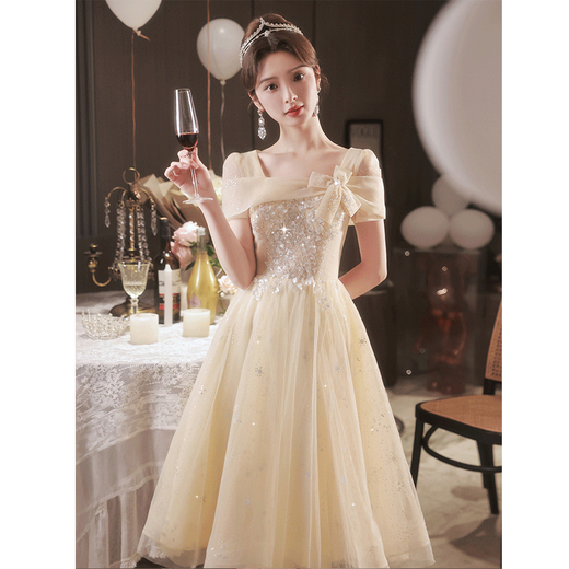 SAIDELE Champagne Color Evening Dress 2026 New Adult Ceremony Small Person Birthday Party Light Luxury Niche High-end Art Examination Dress for Women Champagne Color Mid-Length XL (Recommended 116-125 Jin Jin is equal to 0.5 kg)