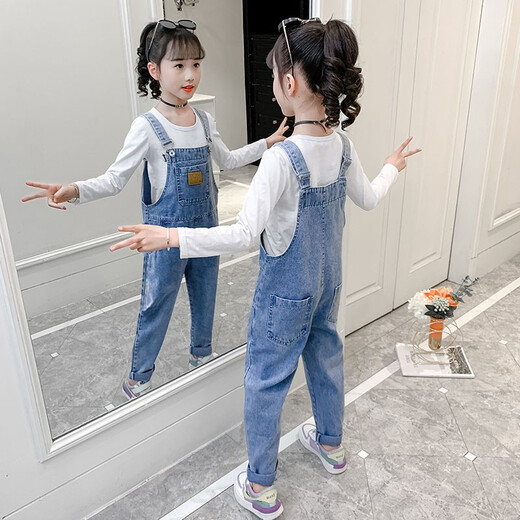 Kinderkleidung Girls Overalls für neue Frühling und Herbst Koreanische Version von Mid-Large Children's Suit Denim Overalls zweiteiliger Set 10-13 Jahre altes Modehemdstil Größe 140 Größe Empfohlene Höhe von 135 cm
