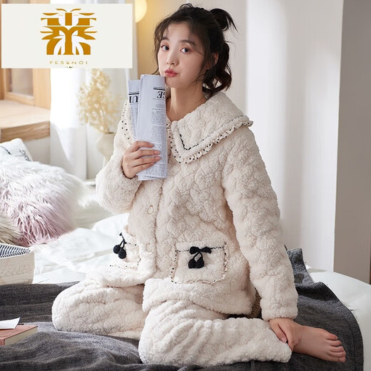 Fmseruios Light Luxury High-End Coral Velvet Cotton Pajama для женщин в зимней трехслойной сгущенной плюшевой домашней одежде для женщин Зимняя фланель MFB12250 ЖЕНЩИНЫ L