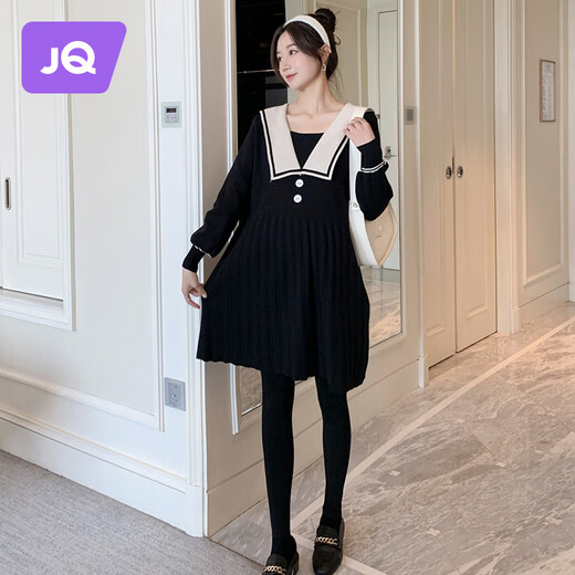 
Jingqi (JOYNCLEON) maternity suit autumn and winter two-piece set pregnant mothers knitted dress belly support leggings suit spring and autumn loose black dress + black pantyhose L
