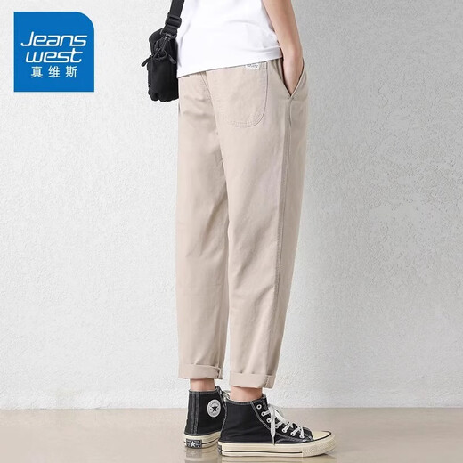 Jeanswest casual pants men's spring and summer new trendy loose versatile nine-point men's pants thin cotton teen straight-leg pants 9904 deep khaki L