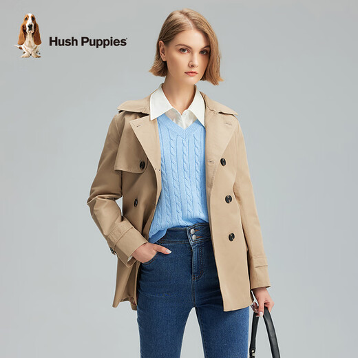 Hush Puppies Women's Autumn Simple and Attractive Waist Hooded Windbreaker Jacket 130 Khaki M