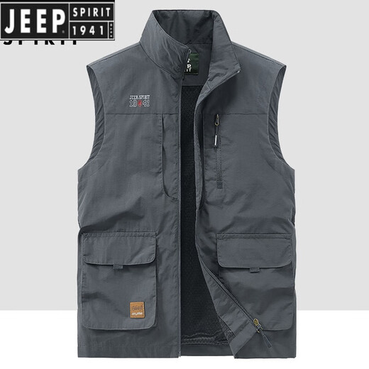 JEEP SPIRIT吉普户外工装钓鱼马甲男春秋季新款多口袋摄影休闲宽松百搭外套 军绿色(677春秋款) 3XL 建议165-180斤