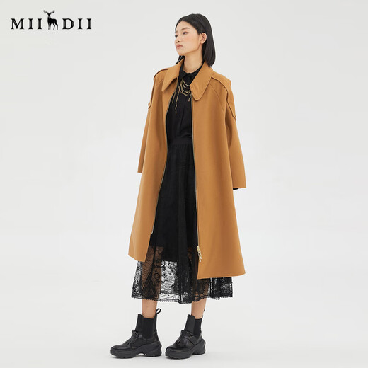 谜底2022冬季新品复古优雅长款宽松羊毛呢大衣外套女229MD6195 土卡其 S