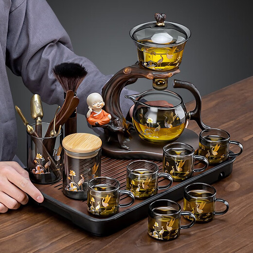 Zhengyang complete set of glass kung fu tea set home teacup magnetic automatic tea maker simple office meeting guests drinking tea welcoming ash lotus crane set + tea can + tea ceremony