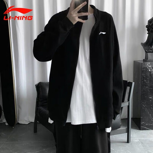 Li Ning (LI-NING) Jacket Men's Spring and Autumn Sweater Sports Men's Cardigan Loose Sports Knitted Top Casual Men's Fitness Casual Wear Basic Black (Stand-Collar) L