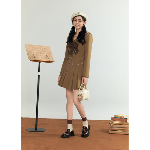 Zihan (ZIHAN) Zihan college style double-layer lapel bow top short pleated skirt two-piece suit for women autumn light coffee M