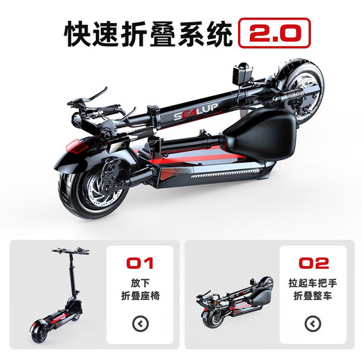SEALUP Lithium Battery Scooter Portable Folding Electric Scooter Scooter Mini Battery Car 48V Black/3C Motor/5 Shock Absorbing Tubeless Tires 120-150km