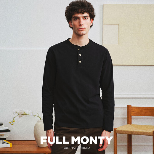 FULL MONTY Henry collar T-shirt black men's pure cotton casual versatile long-sleeved business bottoming shirt 2024 spring and autumn black 7745 M