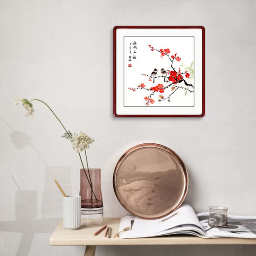 Yantang authentic hand-painted living room decorative painting three-part flower and bird hanging painting bedroom bedside ink painting restaurant decorative mural Meikaiwufu - solid wood frame + plexiglass walnut color right angle - 65*65 cm