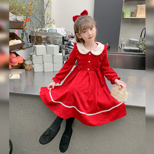 Anneyol girls autumn and winter dress 2026 new autumn and winter little girl princess dress autumn children's long-sleeved skirt red velvet 130
