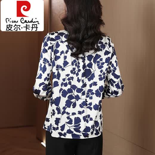 Pierre Cardin fashion printed long-sleeved chiffon shirt for women in spring and autumn, commuting temperament, slim top, fashionable mother's belly-covering shirt, leaf flower 3XL 140-150Jin Jin is equal to 0.5 kg
