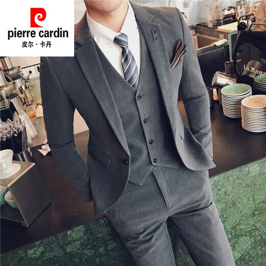 Pierre Cardin suit men's professional groomsmen Korean style groom wedding dress formal business slim casual suit for men black (three-piece suit) jacket + vest + trousers + shirt + gift L 50 Weight -120Jin Jin is equal to 0.5 kg
