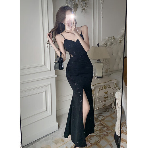 Karara Nakami Xiuchun V robe à suspension en V V pour les femmes avec un design à la fente plus haute sexy mince Hip-Slim Long jupe robe noire m