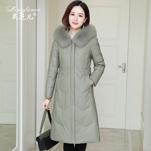 灵范儿海宁真皮羽绒服女2024新款冬季修身妈妈狐狸毛领皮草外套中长款 绿色 3XL