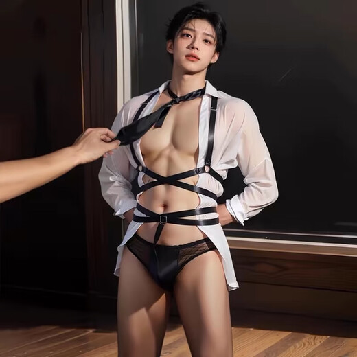 男性制服2025新款性感男士专用大码攻速战袍sm羞耻丁字裤 粉+白连衣裙+T裤 均码 建议体重110-160斤